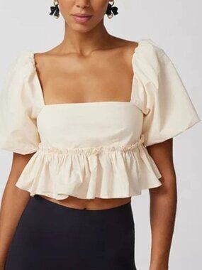 Kimchi Blue Cream Lara Babydoll Square Neck Puff Sleeve Lace Up Crop Top S